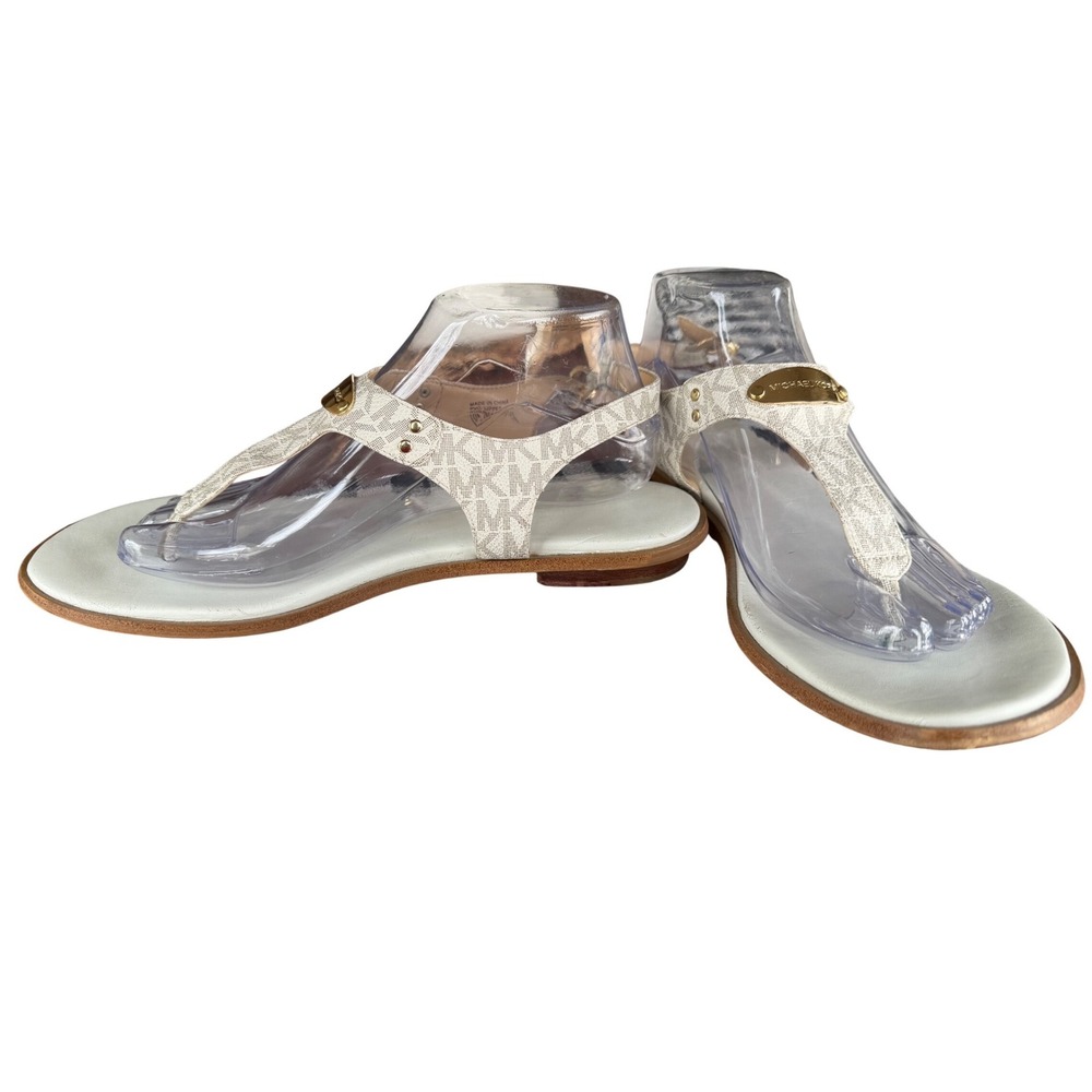 Michael Kors Womens MK Logo Thong Sandals Cream Gold Hardware Flat Size 10M